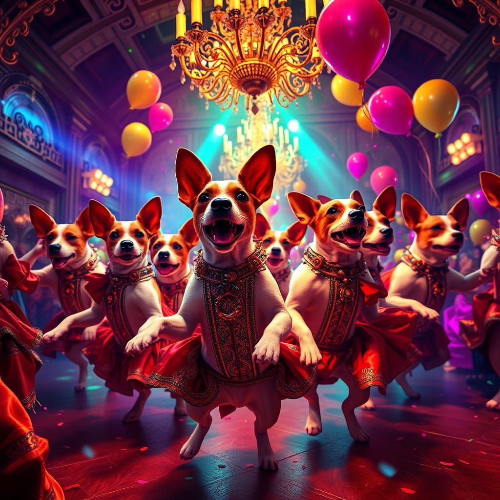 A group of jack russell terriers at a rave in a renaissance ...