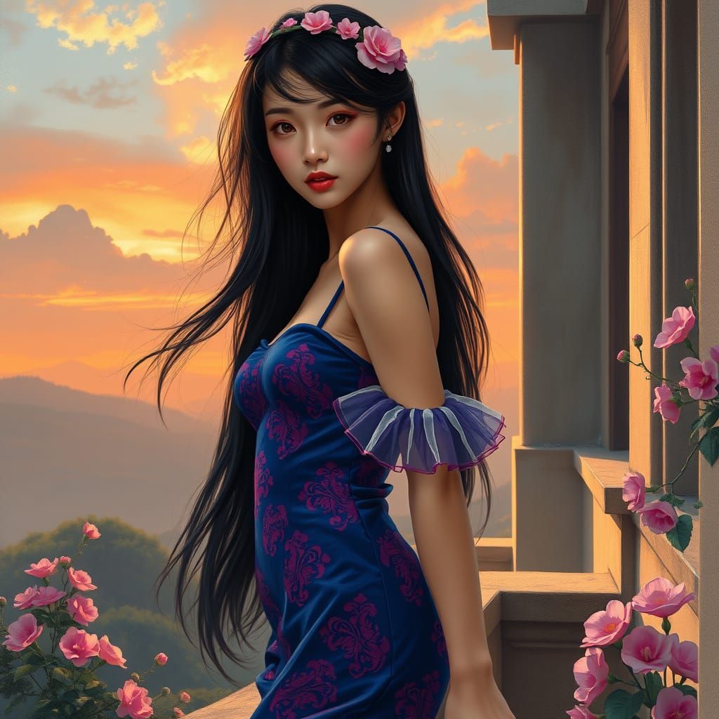 Korean Woman with Pink Crown in Impressionistic Style