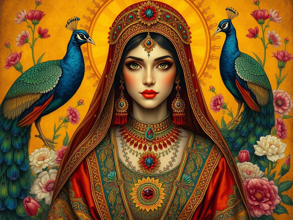 Mystical Persian Goddess in Golden Hues