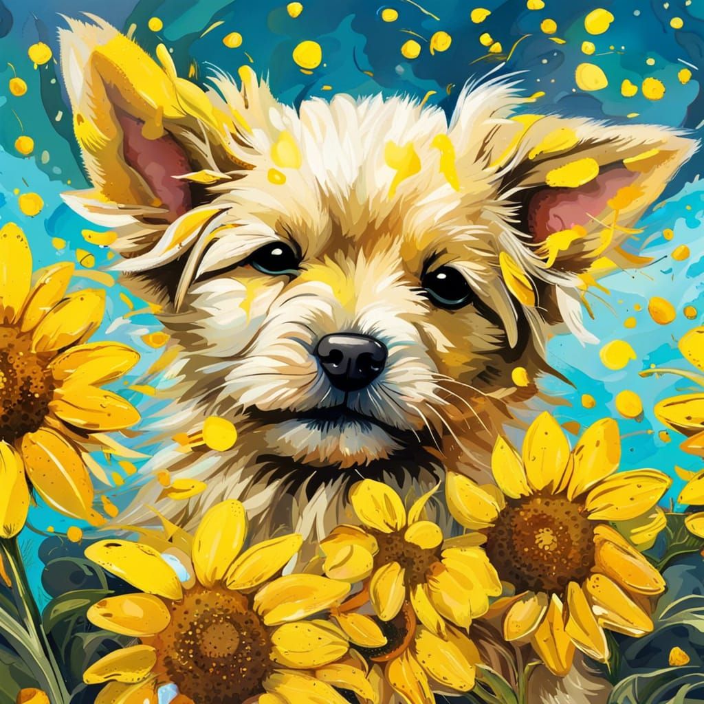 Puppy with Sunflower Halo in Graffiti Style