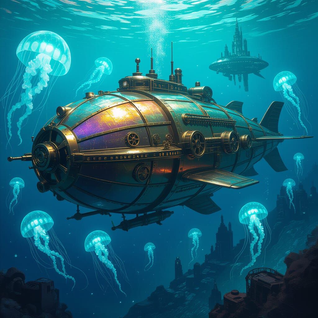 Steampunk Nautilus Submarine in Alien Ocean