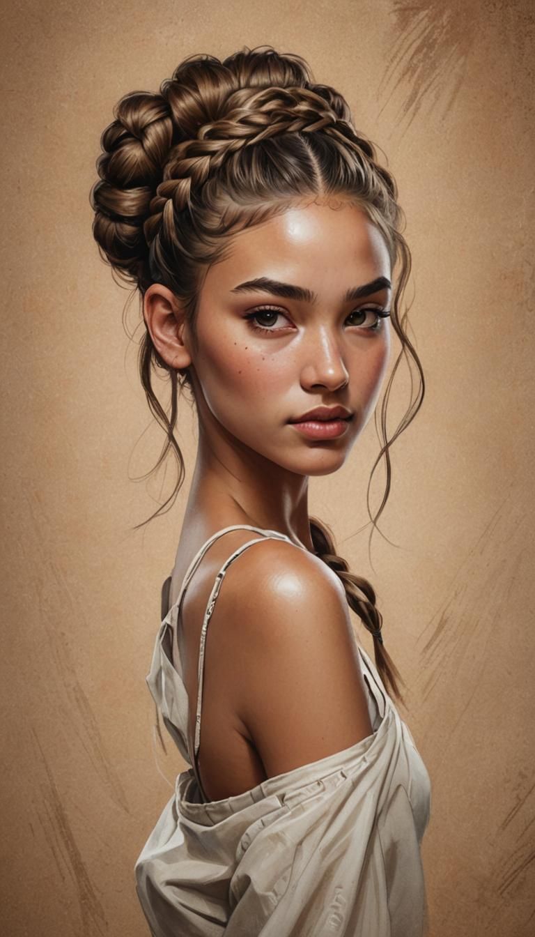 A young girl with long, thick hair featuring a braided bun h...