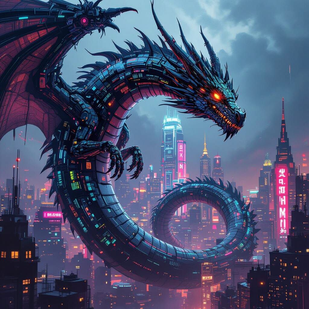 Cyberpunk Dragon Coiled Around Neon City