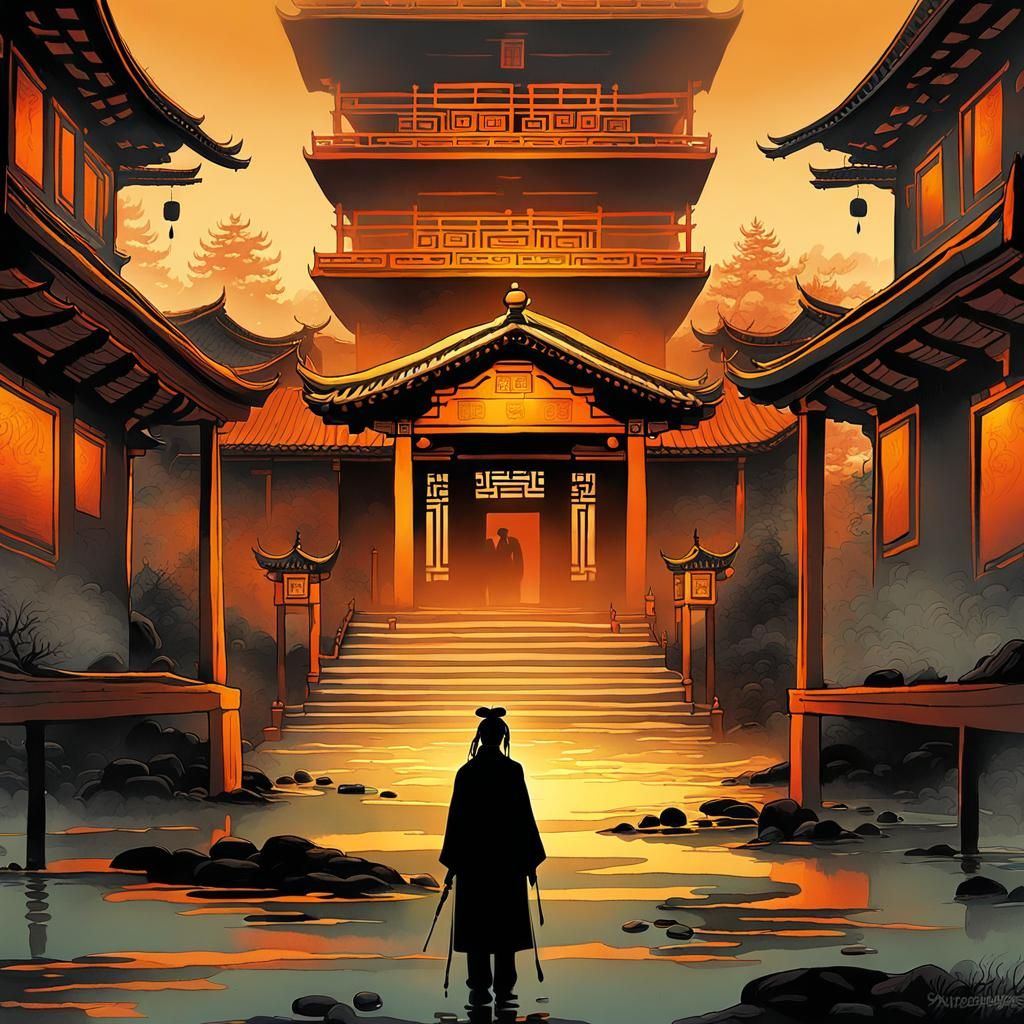 Man in Black Contemplates House: Manhua Illustration