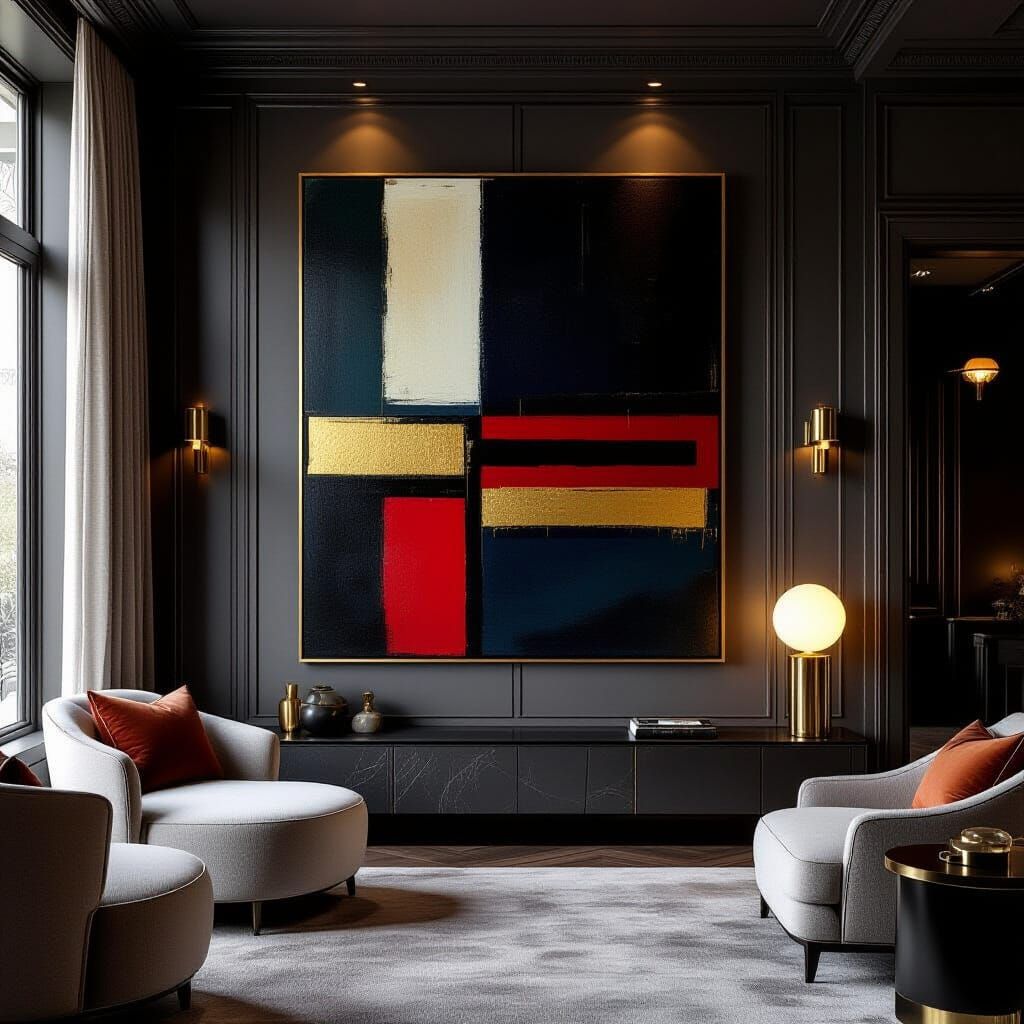 Abstract Striped Painting in Luxurious Dimly Lit Room