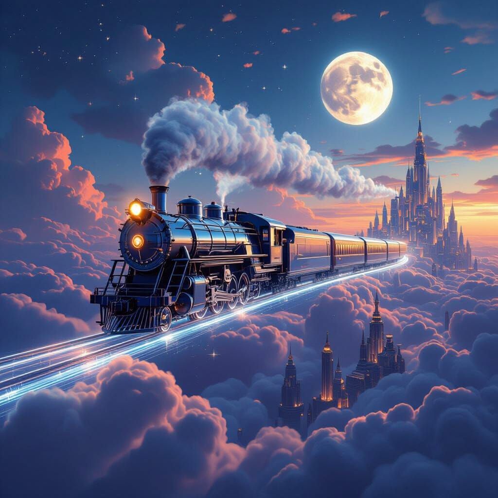 Glass Train Soars Through Cloud Cities Under Two Moons