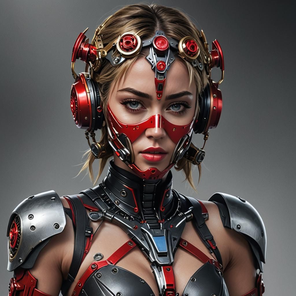 Android with Red Mask in Photorealistic Style