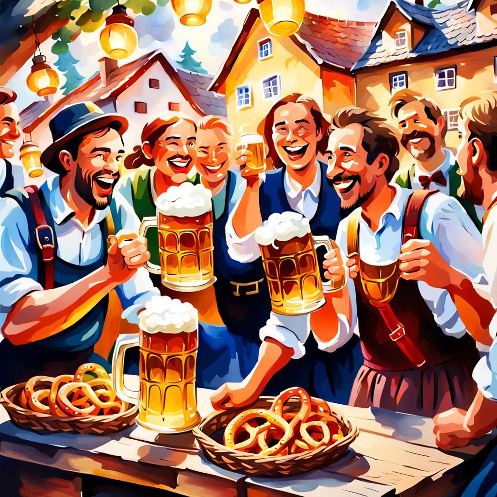 Bavarian Beer Garden Celebration in Digital Painting Style