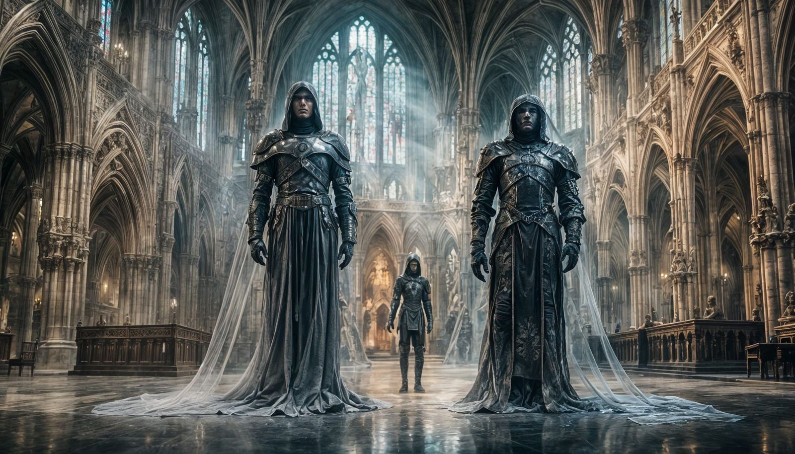 Gothic Armored Soldiers in Futuristic Cathedral