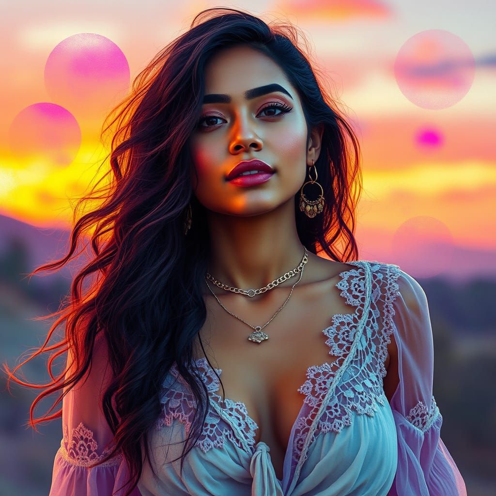 Dreamy Portrait of Enchanting Singer in Bohemian Attire