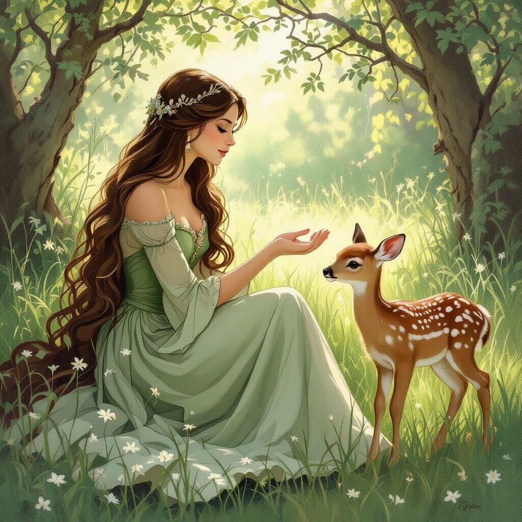 Princess and Fawn in Forest Glade, Painterly Style