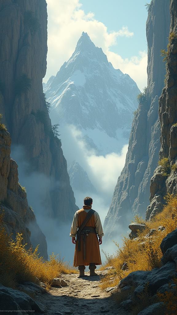 Medieval Carpenter in Mountainous Fantasy Landscape