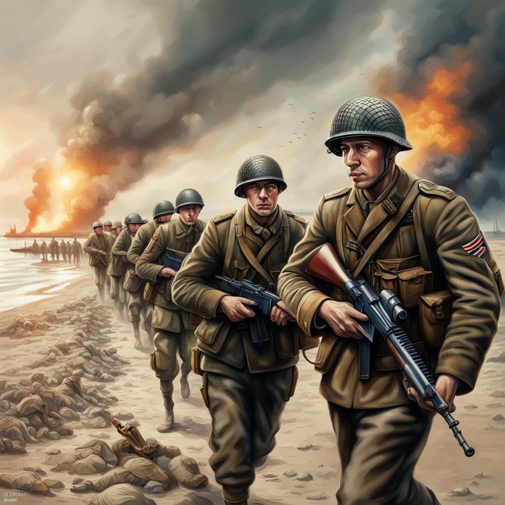British Soldiers on Dunkirk Beach: Hyperrealistic Splash Art