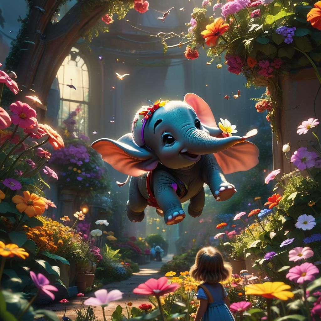 Flying Elephant and Girl in Pixar-Inspired Garden