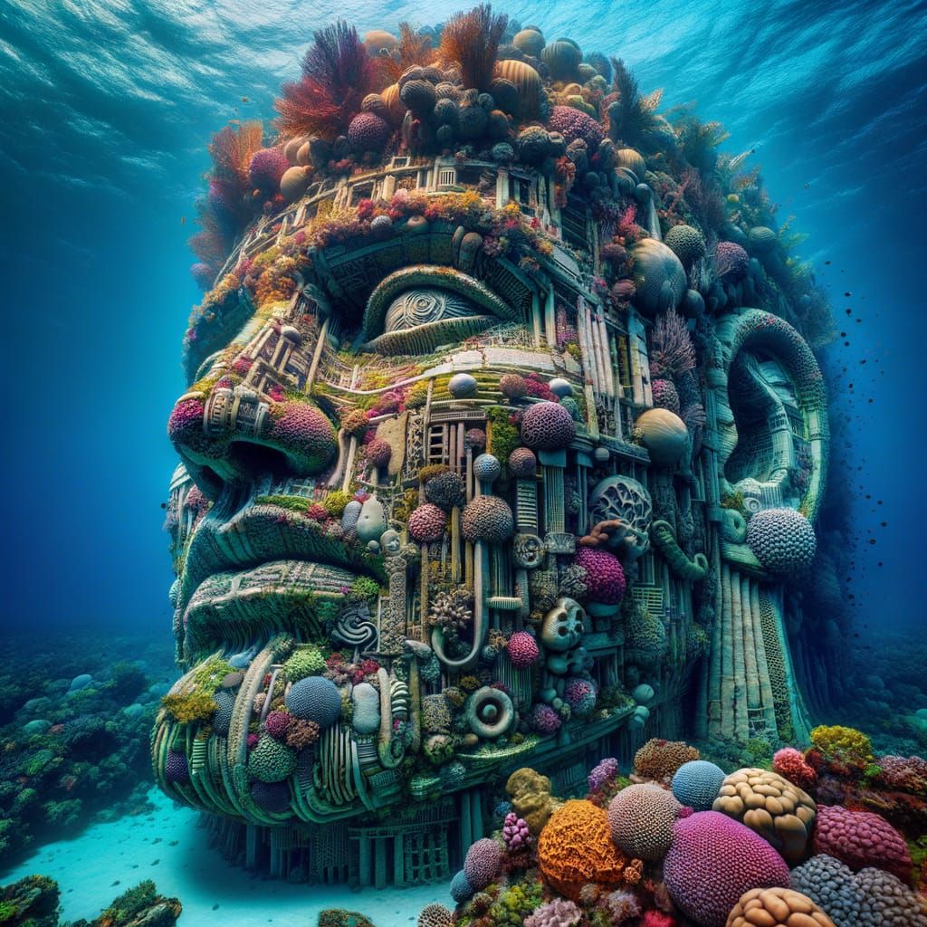 Gravity-Defying Coral Head Sculpture in Waterscape Art
