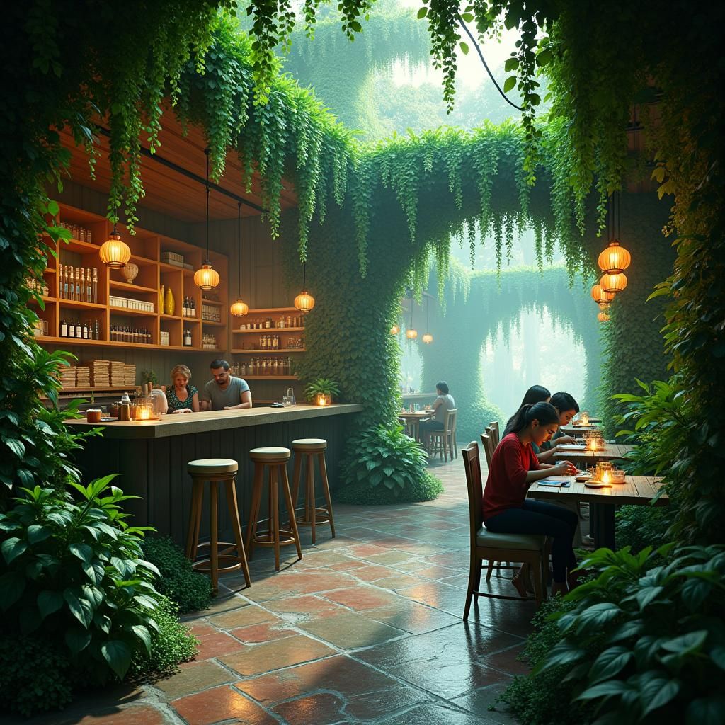 Lush Cafe Scene in a Mystical Digital Art Style