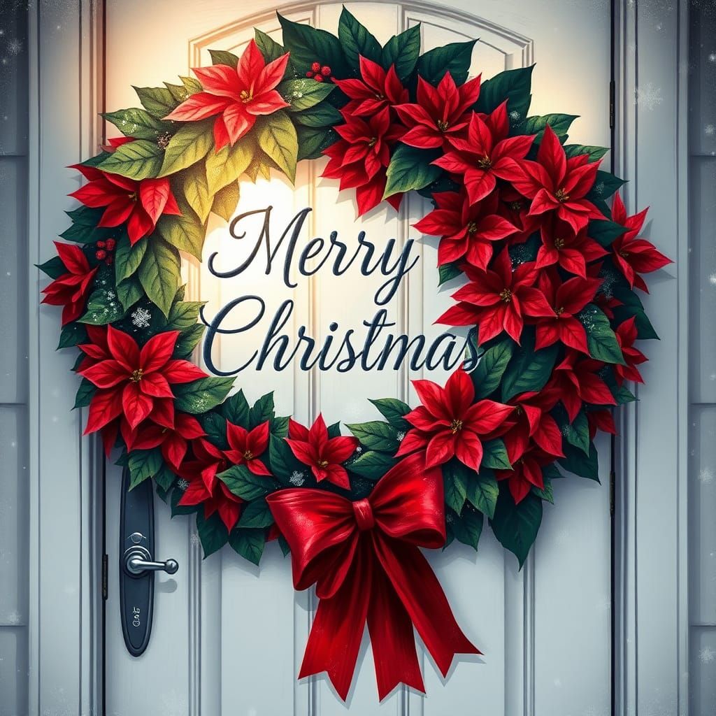 Poinsettia Wreath with "Merry Christmas" on White Door