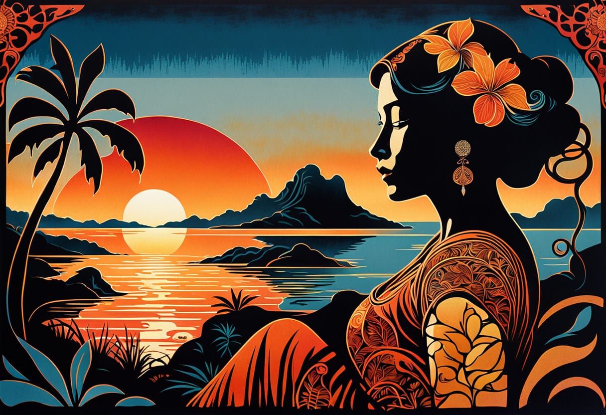 Art Nouveau Silkscreen Print of a Lonely Woman at Sunset