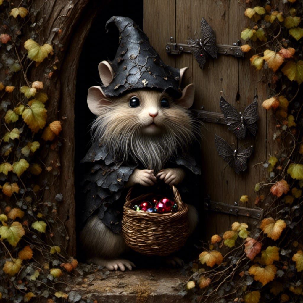 Gnome and Mouse in Forest Scene: Photorealistic Image