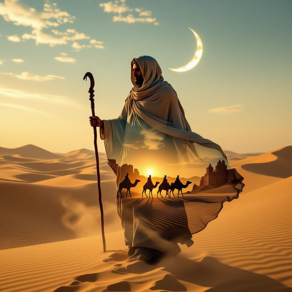 Desert Nomad Silhouette Double Exposure with Camel Caravan