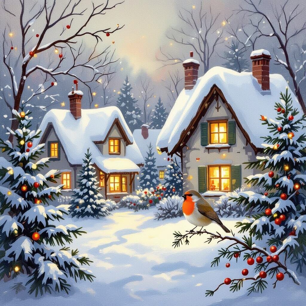 Cozy Christmas Cottages in Snowy Landscape