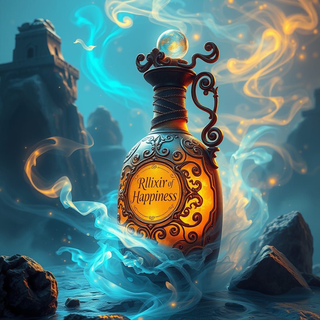 Radiant Elixir of Happiness in Ornate Bottle
