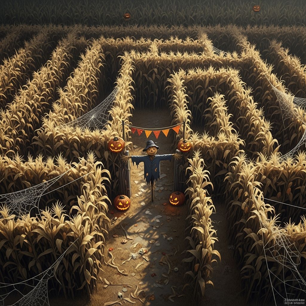 Dystopian Corn Maze Entrance with Scarecrow
