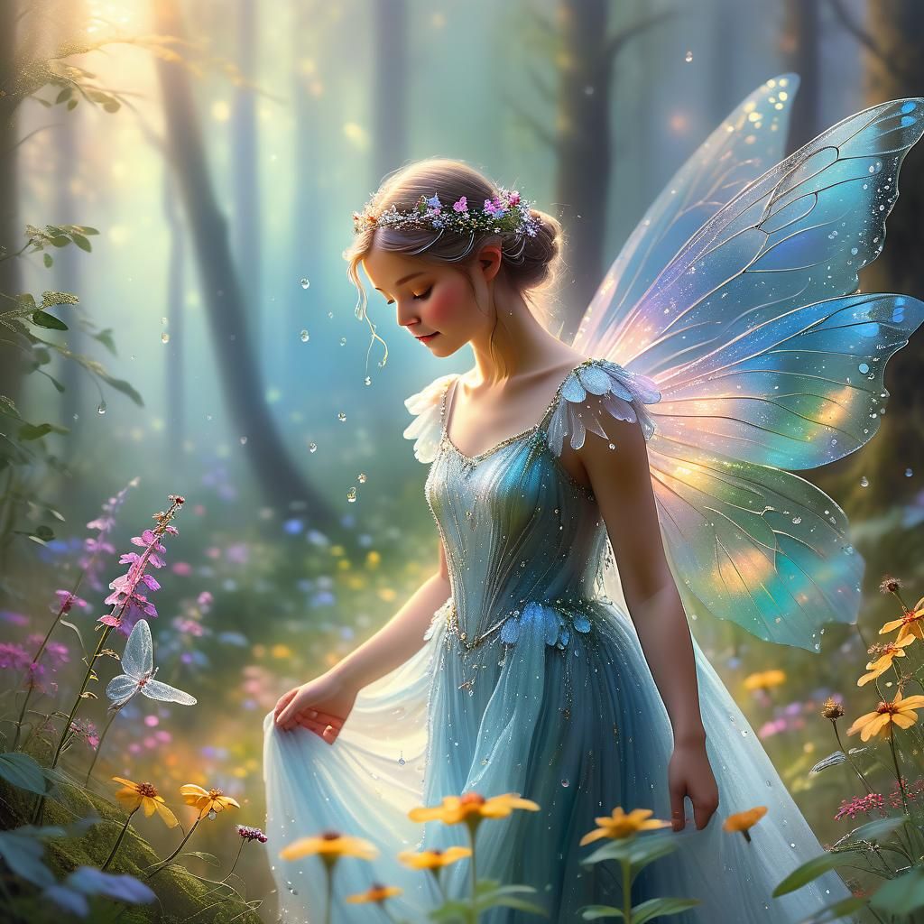 Ethereal Fairy in Whimsical Morning Dew Scene