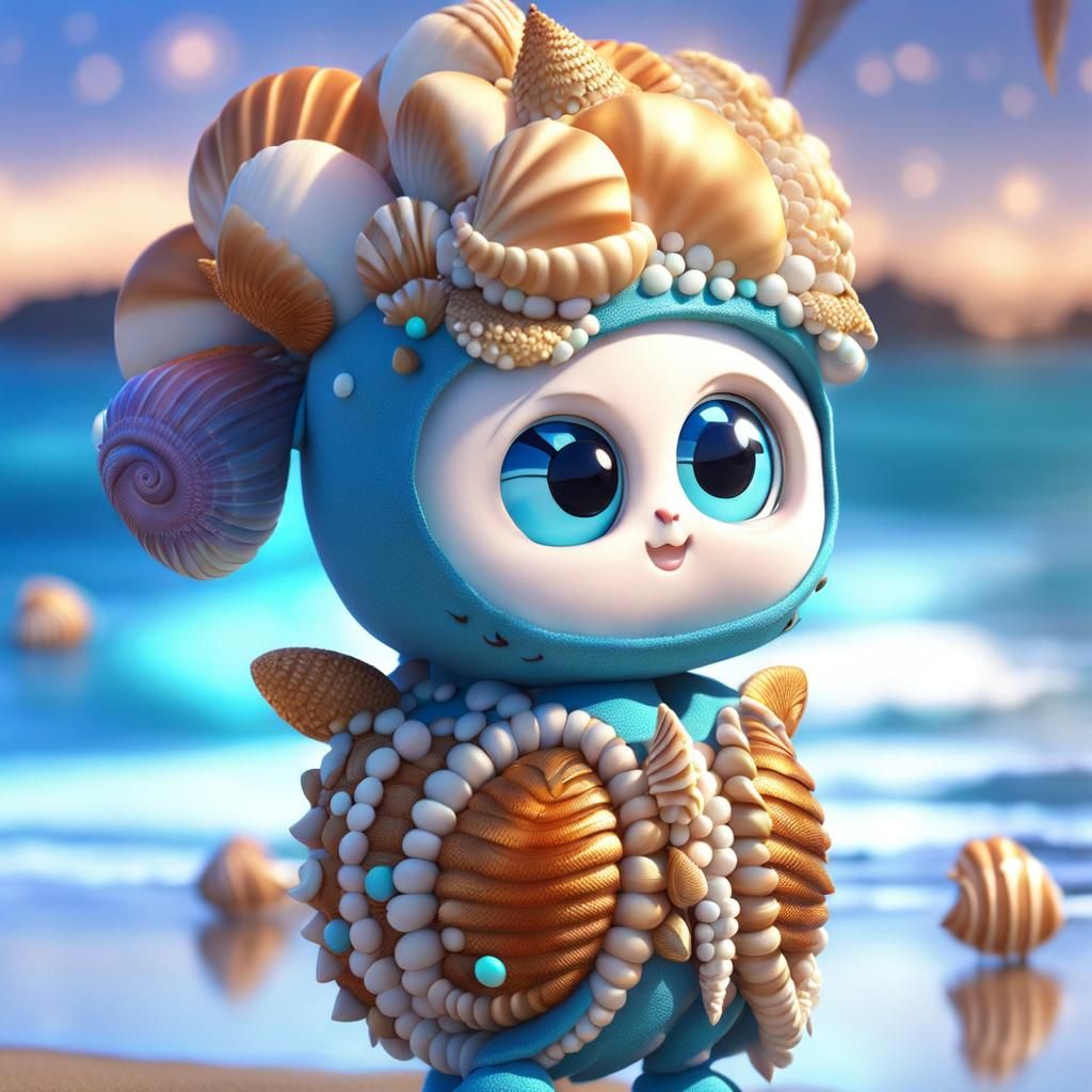Kawaii Shell Creature on the Beach: 3D Anime Art