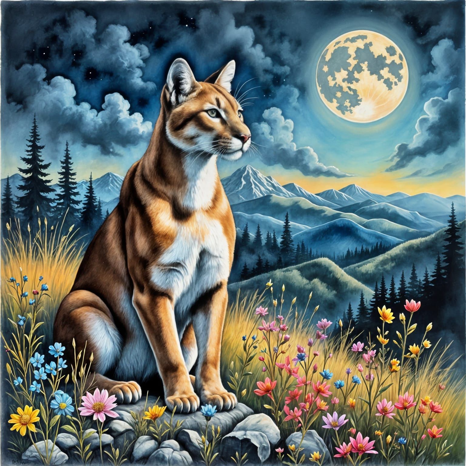 Mountain Lion in Field: Charcoal and Watercolor