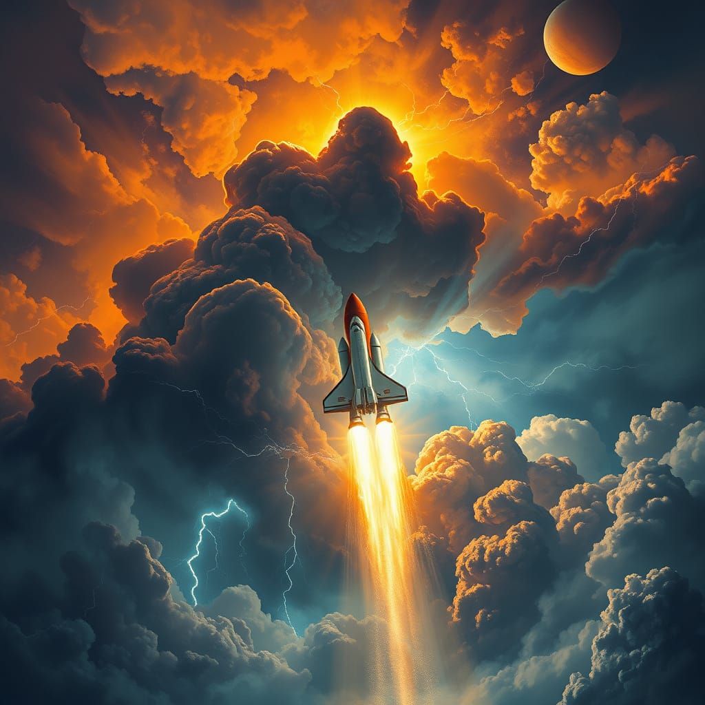 Space Shuttle Launch Amidst Thunderstorm in Futuristic Style