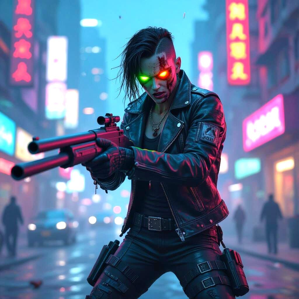 Cyberpunk Zombie Hunter in Neon Cityscape
