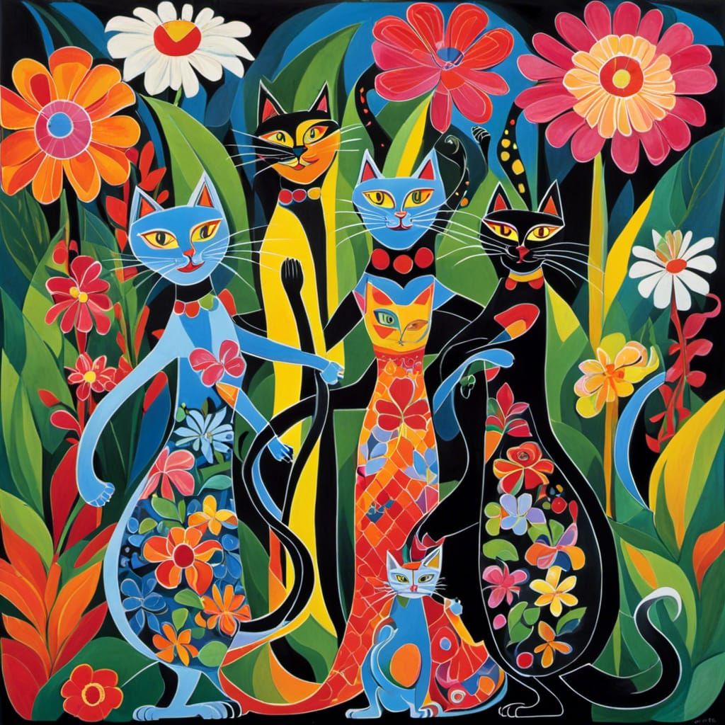 Dancing Cats in Whimsical Cubism Style