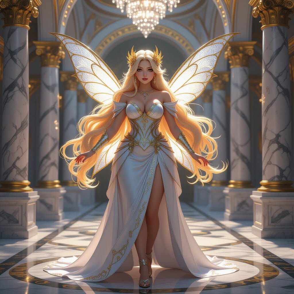 Chubby Faerie in Silver and Gold Dress with Rose Crown