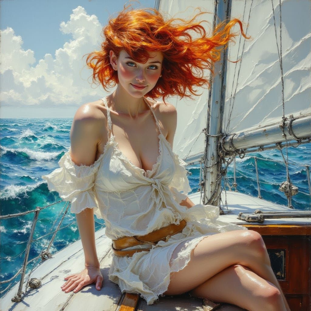 Woman on Sailboat: Oil Painting in Impressionist Style