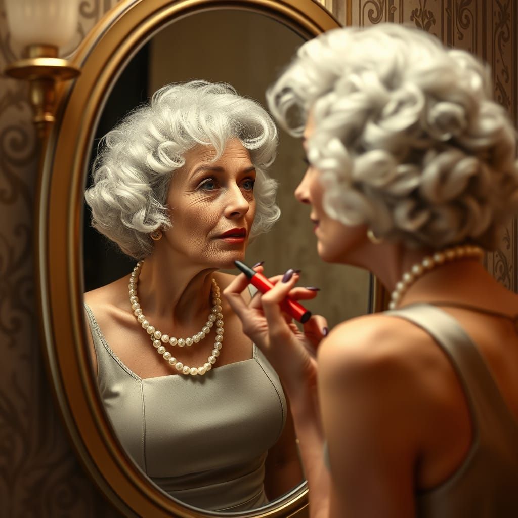 Elegant Woman Applies Lipstick in Art Nouveau Style