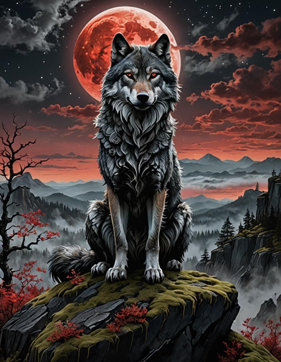 Majestic Mythical Wolf Under Blood-Red Moon