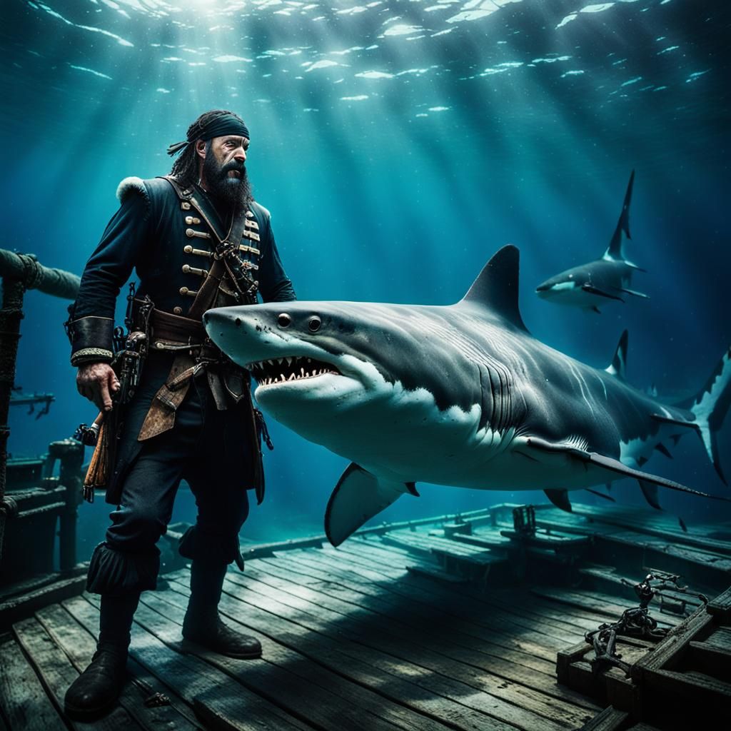 Blackbeard and Shark on Sunken Ship Deck