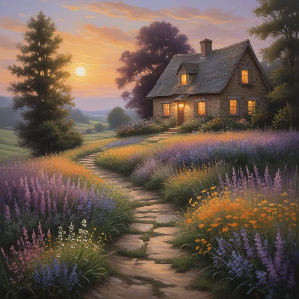 Golden Hour Oil Painting: Wildflower Field at Sunset