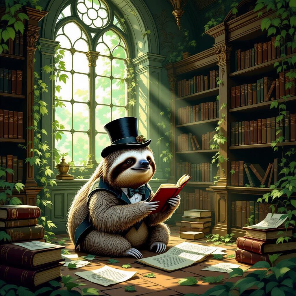 Whimsical Sloth Explorer in Overgrown Victorian Library