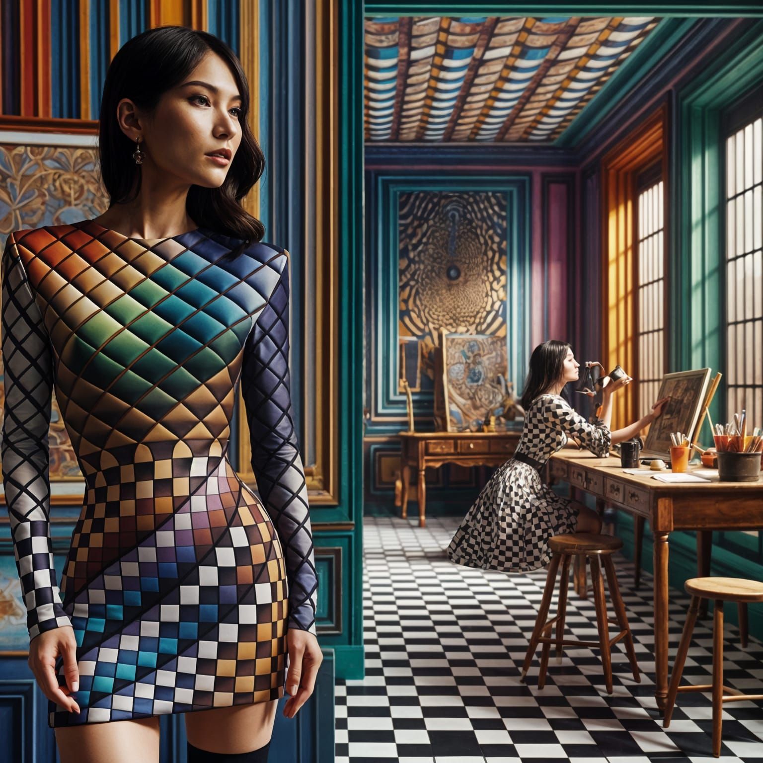 Asian Woman in Checkered Dress, Hyper-Realistic Atelier
