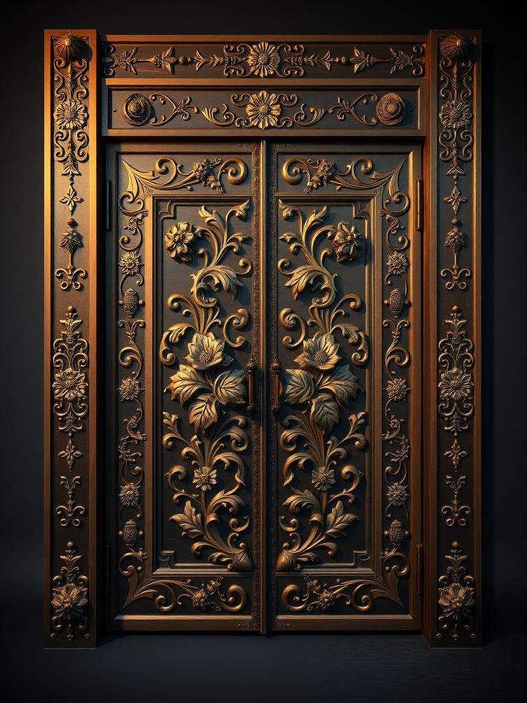 Ornate Bronze Door with Floral Inlays