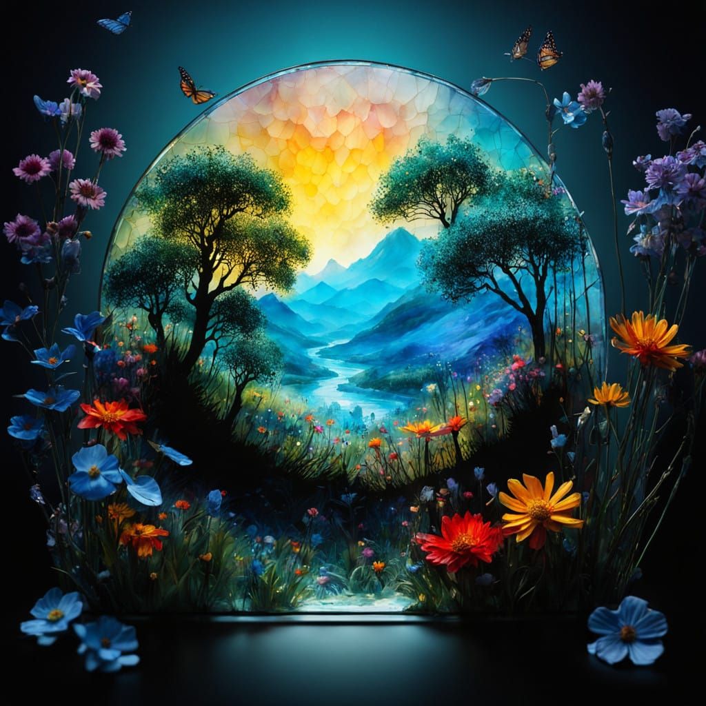 Surreal Stained Glass Flower Meadow in Vibrant Pastel Hues