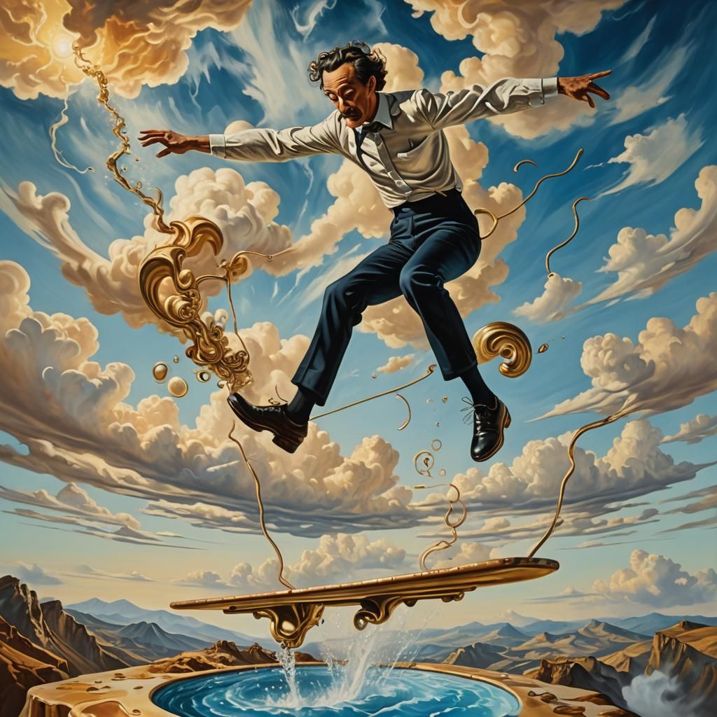 Surreal Springboard Jump in a Dreamlike Oil Painting