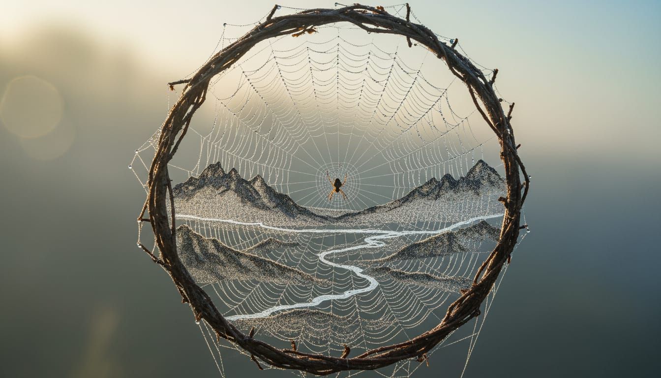 Spider Weaves a Dew-Kissed Landscape Panorama