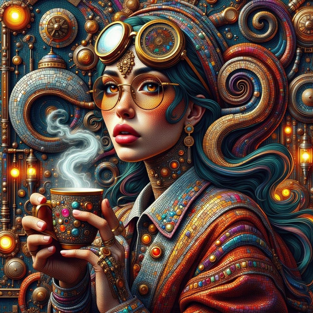 Steampunk Inventor Mosaic Profile in Ornate Style