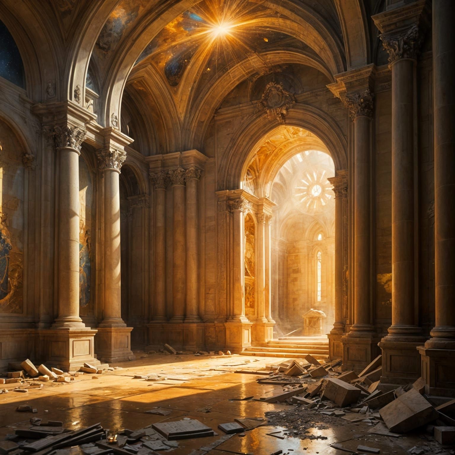 Abandoned Cathedral with Galaxy Portal Painting