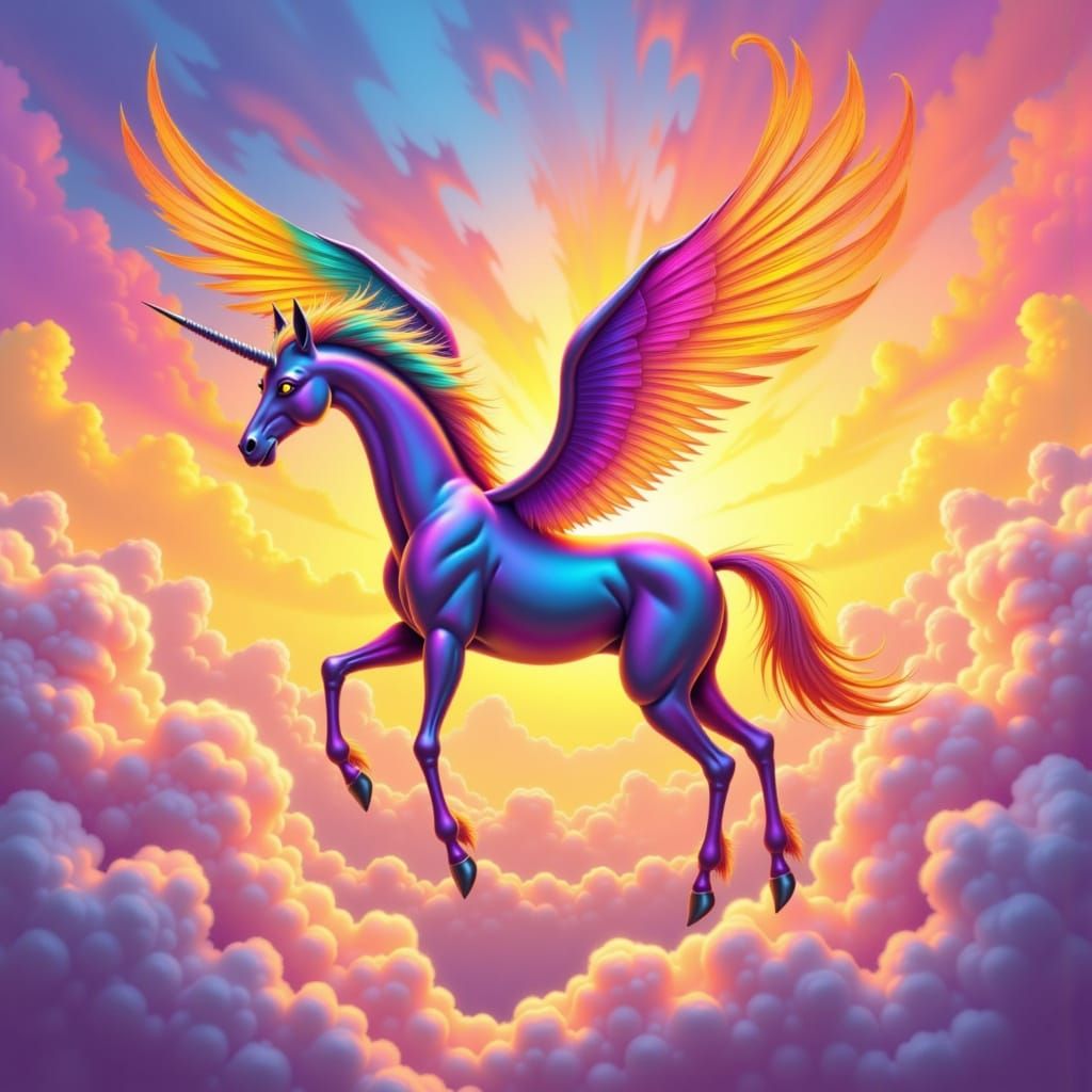 Rainbow Pegasus Soaring at Sunrise: Mythical Realism