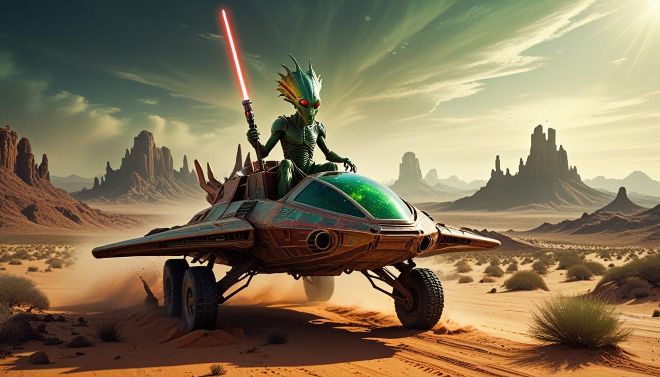 Surreal Alien King in Comedy Desert Landscape