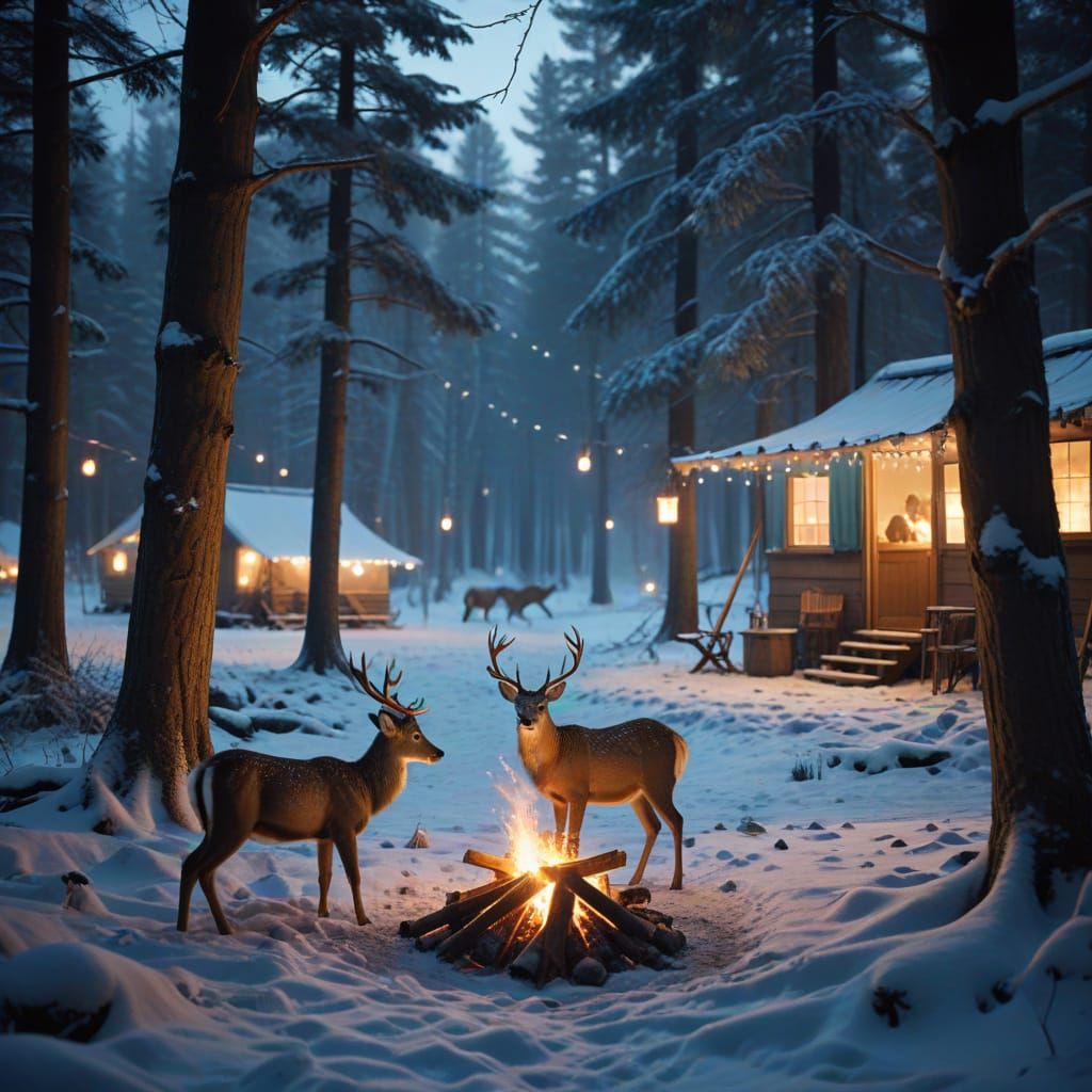 Warm Winter Camping Scene at Twilight, Cozy Campfire and Sno...
